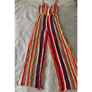 SHEIN Womens Multi Color Vertical Striped Wide Leg Jumpsuit Side Slit Size Small